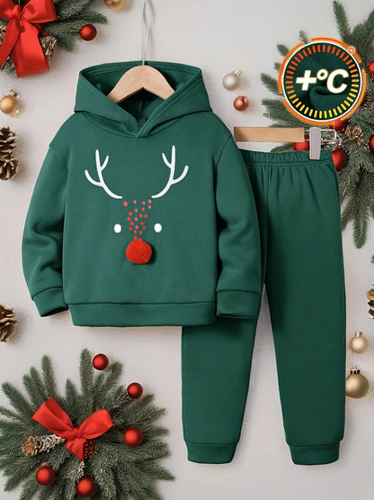 Creative Christmas Reindeer Pattern Design, Boy's 2pcs Co Ord Set, Comfy Long Sleeve Hoodie & Casual Versatile Sweatpants, Warm Fleece Outfit, Ideal For Autumn And Winter Outdoor Wear
