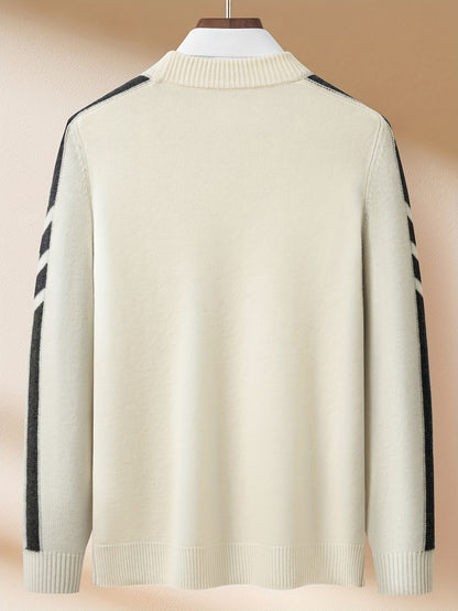 This Thick, Round-Neck Long-Sleeve Sweater for Men Features a Soft And Comfortable Design with Stylish Striped Edges, Perfect for Outdoor Gatherings And Everyday Wear, And Can Be Layered