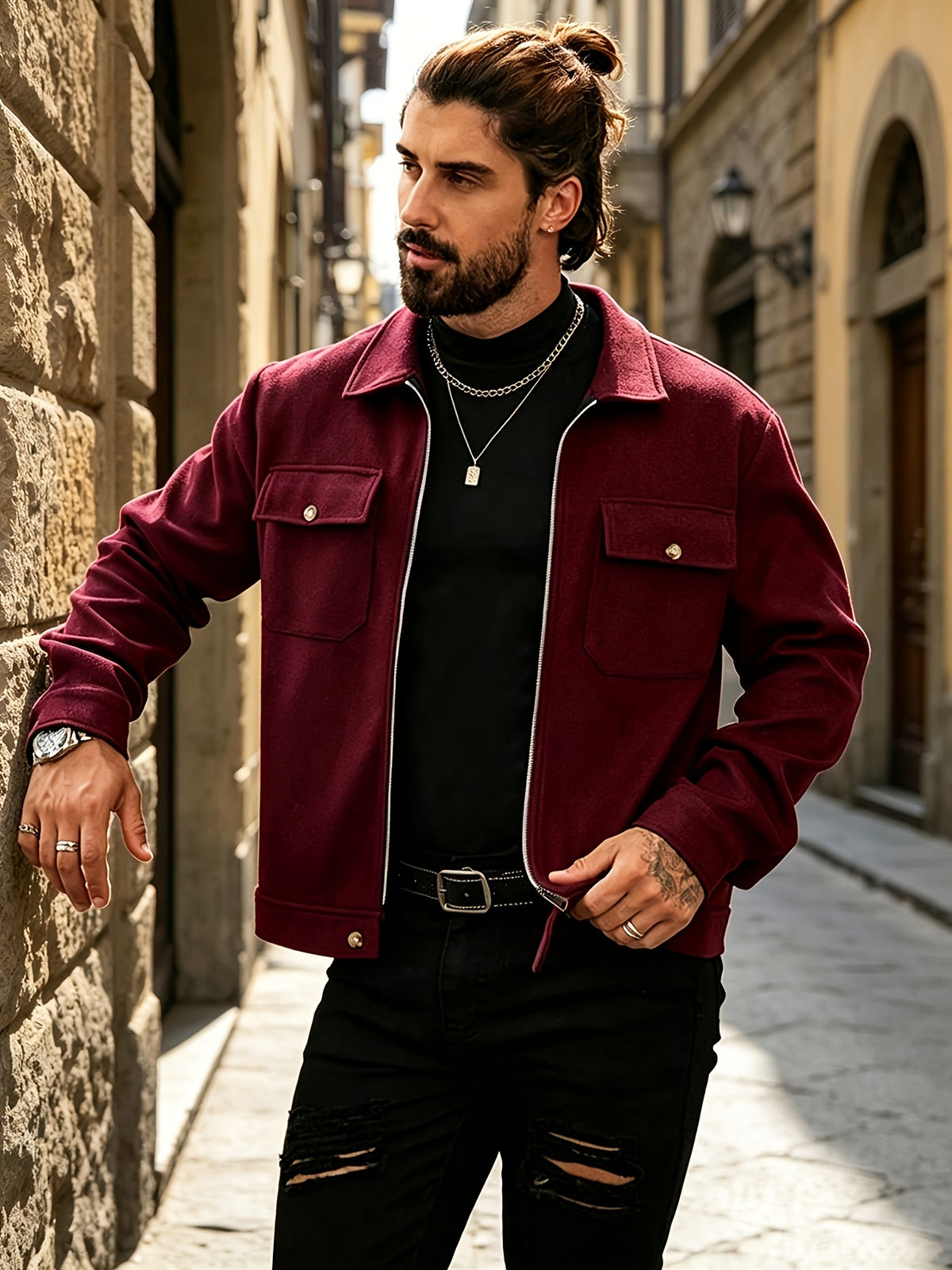 Men's Vintage Lapel Workwear Jacket with Zipper Pockets