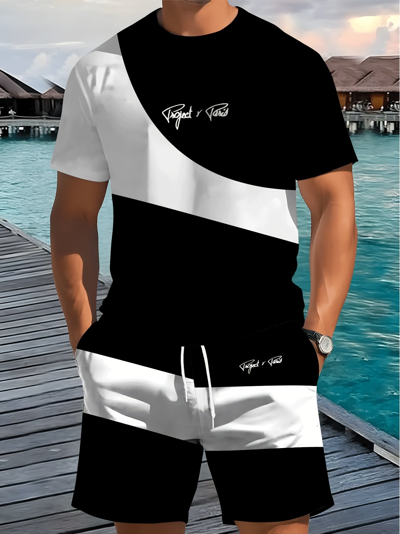 1 Set of 2pcs 3D Letter Print Fashion Tri-Color Men's Summer Fresh T-Shirt and Shorts Set, Slightly Stretchy Polyester Knit Fabric, Regular Fit, Suitable for Outdoor Activities and Family Gatherings