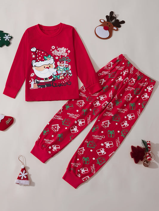 Christmas Set Pajamas Boys and Girls Red Father Christmas Cotton Flame Retardant Suit Christmas Gift Sleigh Car Red Pajama Set Loungewear Two Pieces