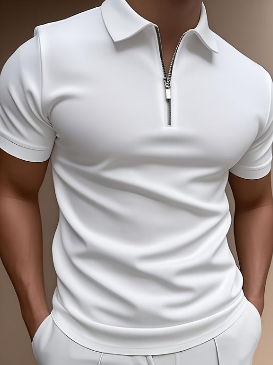 Men's Summer Classic Collar Half-Zip Casual T-Shirt - Solid Black, Breathable Regular Fit Short Sleeve Top for Casual Attire & Semi-Formal Occasions, Semiformal Attire | Halfzip Shirt | Smooth Fabric Finish