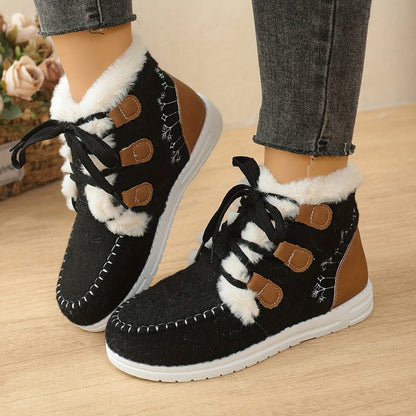 New Autumn-Winter Plush Lace-Up High Top Women's Snow Boots, Fashionable Warm Short Ankle Shoes, Trendy Versatile Comfortable Thermal Low Cut Winter Footwear