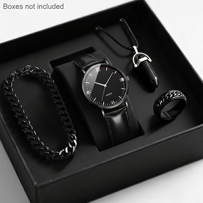 Men'S Luxury Quartz Wristwatch and Jewelry Set | Black Analog Watch with Dual Display, Includes Matching Bracelet, Necklace, and Ring - Ideal for Birthdays, Christmas, Ramadan