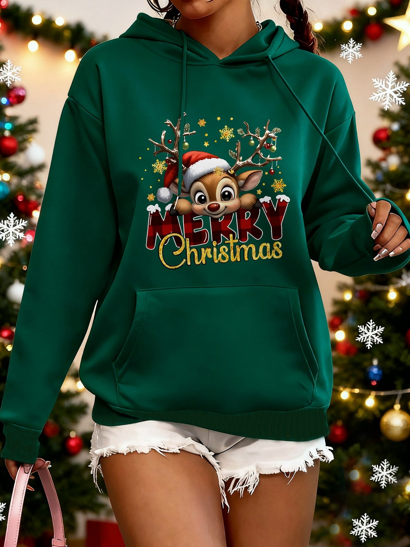 Women'S Red & Dark Green Christmas Hooded Sweatshirt with Reindeer & Snowflake Print, Cozy Winter Pullover Hoodie, Loose Fit Casual Sweater for Holiday Party