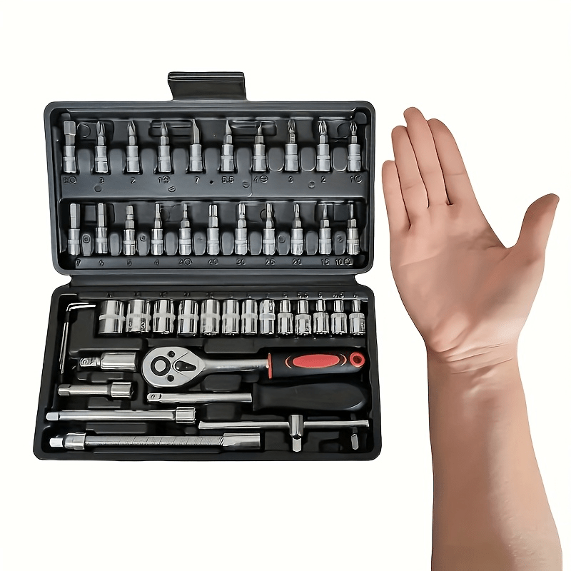 46pcs Heavy-Duty Stainless Steel Tool Set with Precision Ratchet Wrench, Screwdriver Bits & Sockets - All-in-One Mechanic'S Tool Kit with Impact-Resistant, Ergonomic Handle & Storage For Auto, Home