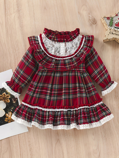 Girls' Plaid Tartan Puffed Sleeve High-Low Neck Ruffled Hem Dress with Ruffled Collar & Lace Trim - Plaid Princess Party Dress with Skirt, Machine Washable Winter Formal & Everyday Outfit for Christmas, New Year's, Easter - S