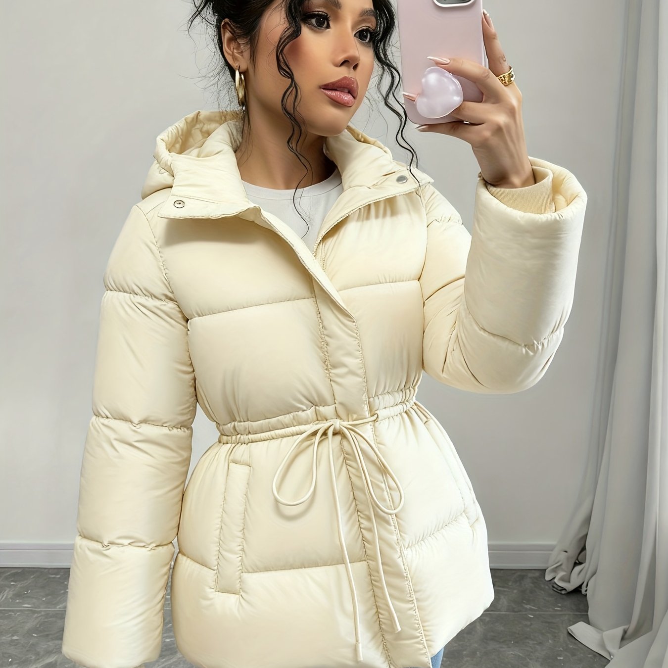 Women'S Elegant Black Puffer Jacket - Mid-Length Loose Fit with Adjustable Drawstring Waist, Long Sleeves, and Front Zipper, Casual Winter Outerwear for Cold Weather, Winter Jacket