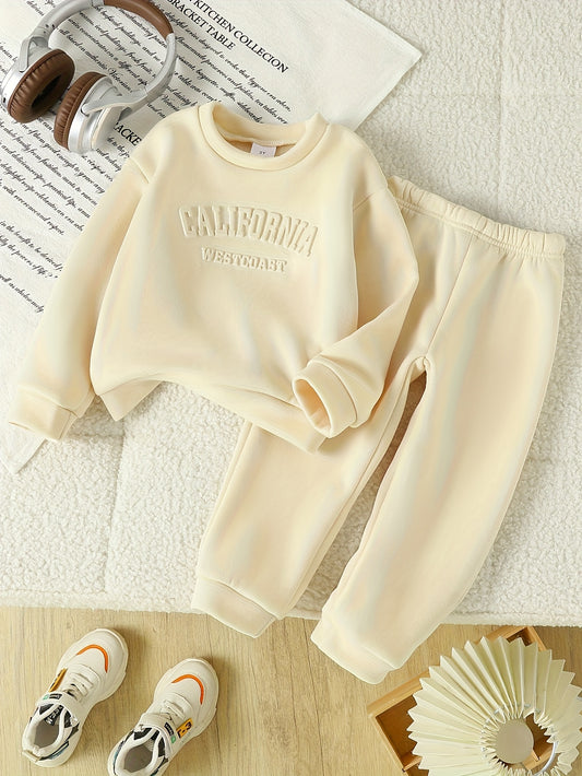 Tween Girls' Autumn/Winter Letter Embossed Warm Lined Sweatshirt and Joggers, Perfect for Outdoor