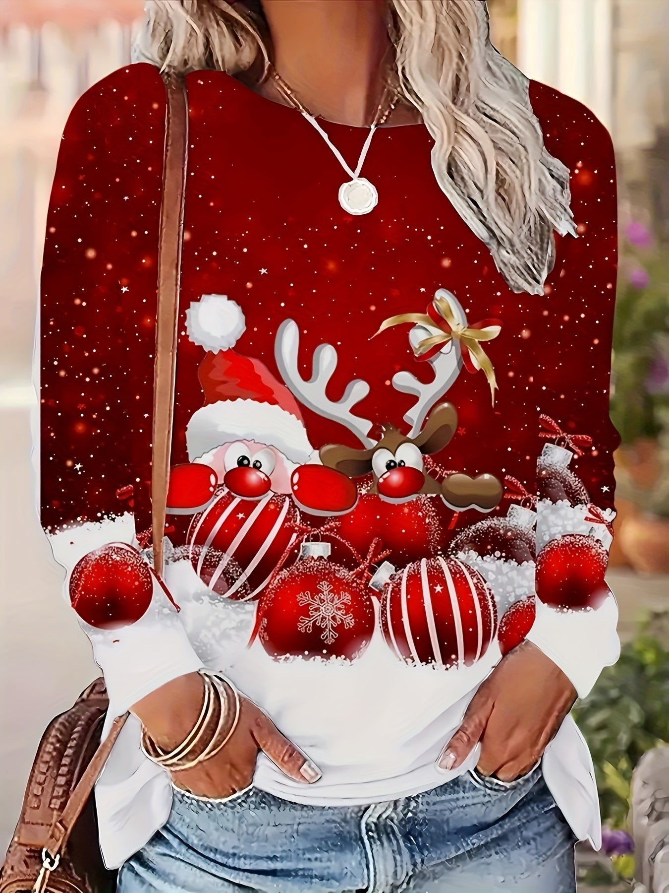 Women's Christmas Long Sleeve T-Shirt - Red & White Santa Reindeer Candy Cane Snowflake Print Sweater-like Top, Round Neck Casual Holiday Party Outfit, Machine Washable Winter Blouse (All-Season Wear), Christmas Clothes Women
