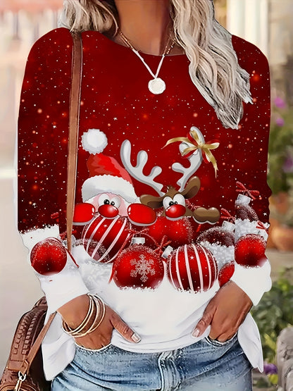 Women's Christmas Long Sleeve T-Shirt - Red & White Santa Reindeer Candy Cane Snowflake Print Sweater-like Top, Round Neck Casual Holiday Party Outfit, Machine Washable Winter Blouse (All-Season Wear), Christmas Clothes Women