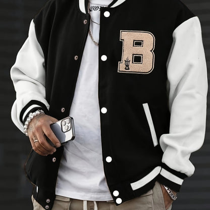 Men'S Baseball Jacket with Letter B Lettering - Navy & Golden Accent Casual Streetwear, Button-Front Closure, Regular Fit Fall/Winter Outerwear, Baseball Jacket