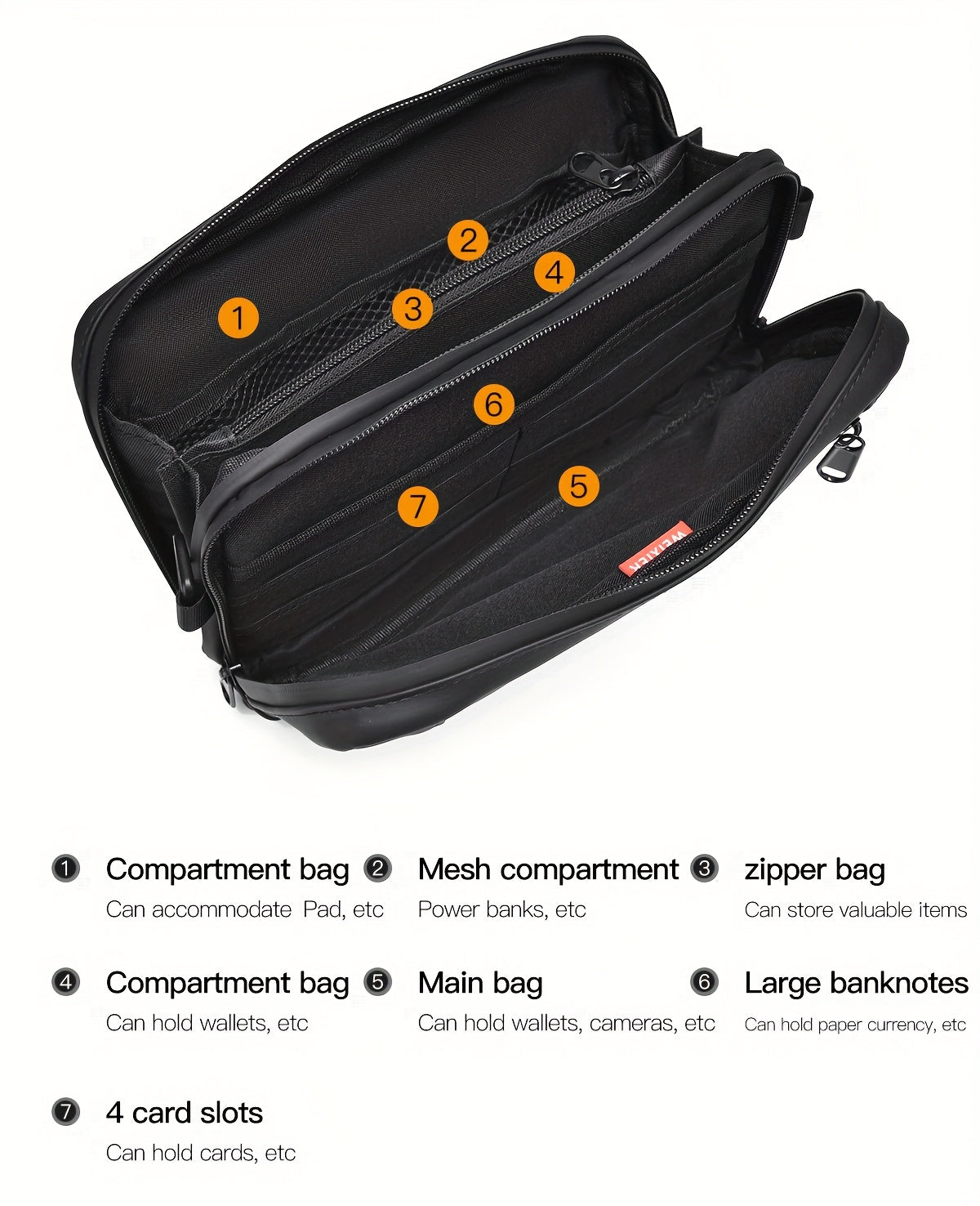 WEIXIER Men's Casual Nylon Handbag - Large Capacity with Adjustable Wrist Strap, Sleek Black for Daily Use, Valentine's Day Gift for Him, Outdoor Bag   Casual Style   Nylon Material