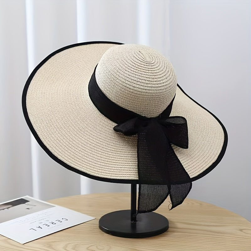Elegant Women'S Wide Brim Straw Sun Hat with Black Bow - Stylish & Breathable Beach Hat for Summer, Ladies' Beach Accessory with Paper Straw Design, Beach Accessories|Bowknot Adornment|Paper Straw Material