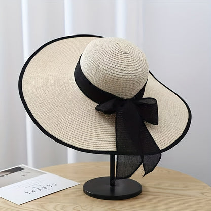 Elegant Women'S Wide Brim Straw Sun Hat with Black Bow - Stylish & Breathable Beach Hat for Summer, Ladies' Beach Accessory with Paper Straw Design, Beach Accessories|Bowknot Adornment|Paper Straw Material