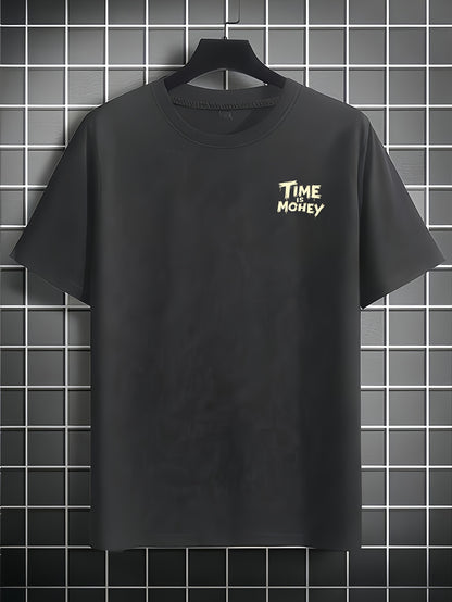 Men'S Casual Short Sleeve T-Shirt with "Time is Money" Clock  Stack of Cash Graphic - Lightweight Polyester, Loose Fit, Round Neck, Perfect for Spring  Summer Outdoor Wear, Relaxed Fit Shirt   Bold Graphic Tee   Glossy Text