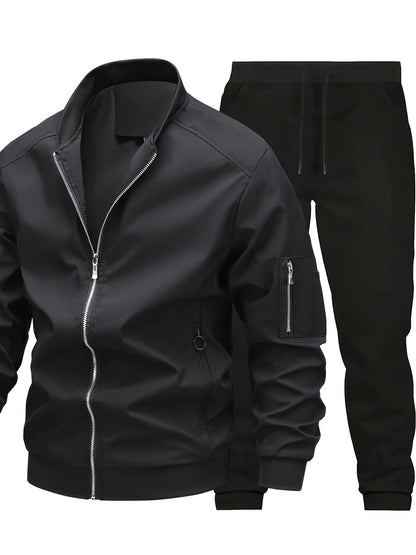 Men'S Casual Workwear Jacket and Pants Set, Solid Color, Long Sleeve, Regular Fit, with Pockets, for Spring/Fall, Casual Attire, Casual Attire|Casual Style|Solid Color Jacket