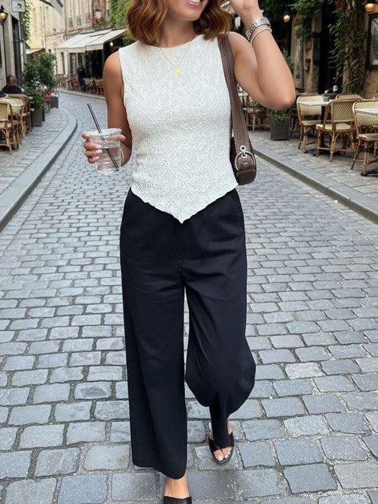 Women's Slim-Fit Sleeveless Lace-Trimmed Crew Neck Top