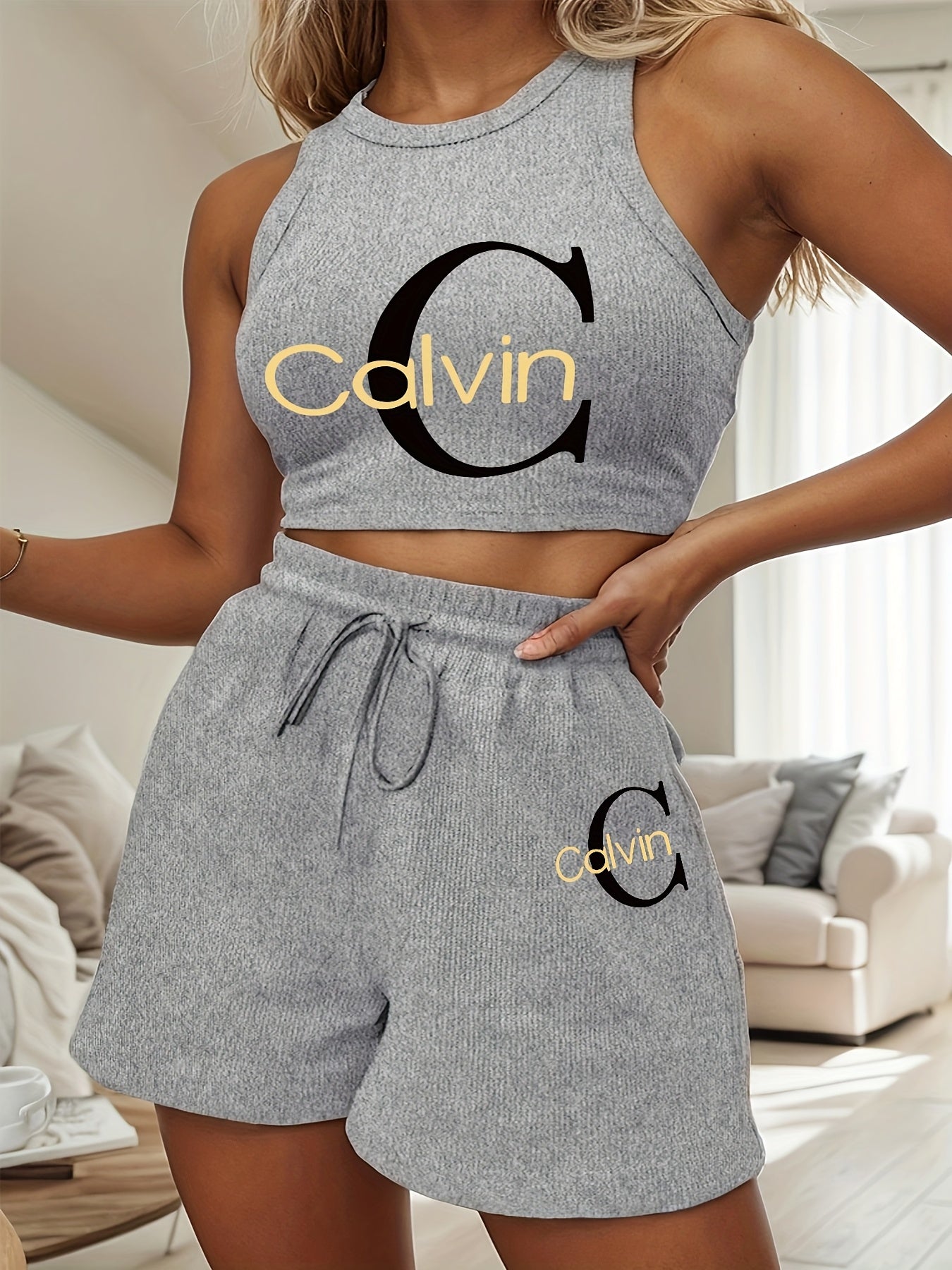 Women's Casual Two-Piece Set with Graphic Print Vest & Shorts