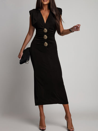 Sleeveless V-Neck Ruched Waist-Defining Metallic Midi Dress