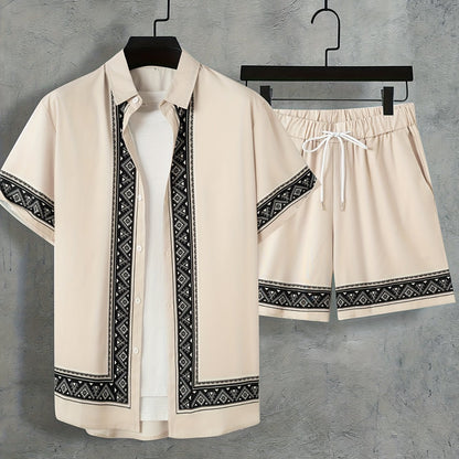 Men'S Two-Piece Set Consisting of a Casual Short-Sleeve Button-Up Shirt And Drawstring Pants, Perfect for Summer Wear.