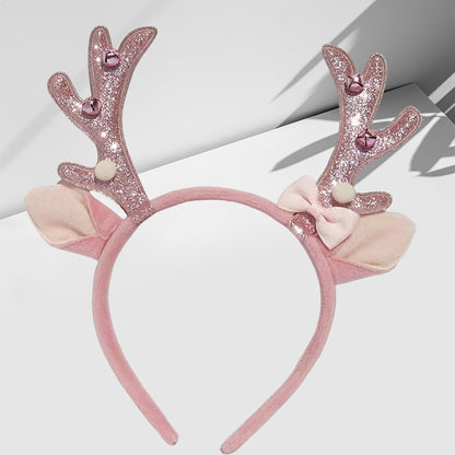 1pc Women's Elegant & Cute Deer Headband with Glittery Antlers, Pink Bow & -like Beads - Pastel Pink Soft Hair Band for Christmas Party, New Year's Eve, Casual Attire - Comfortable Hair Accessory for Women & Teens