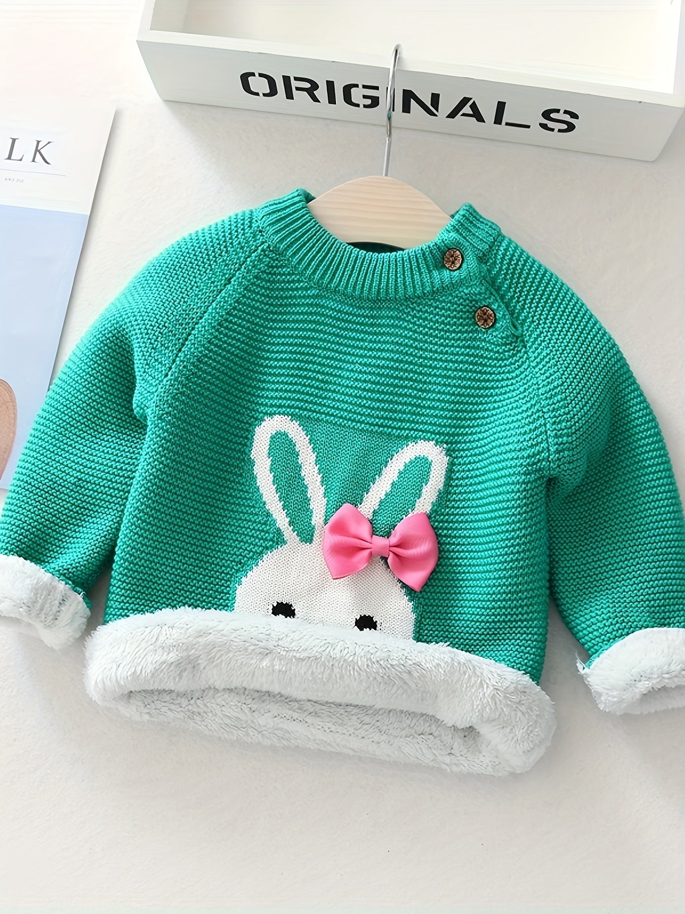 Girls' Knit Bunny Pullover Sweater with Bow - Warm Winter Cotton