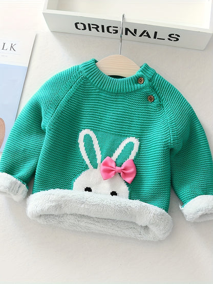 Girls' Knit Bunny Pullover Sweater with Bow - Warm Winter Cotton