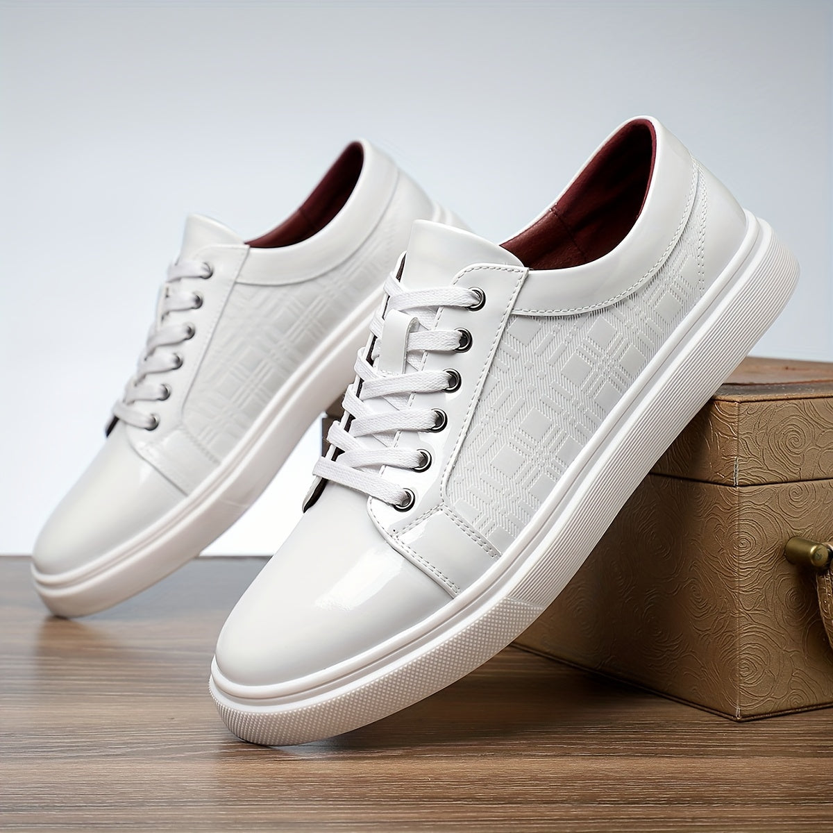 Sneakers, Shoes, White Rubber Sole, Exquisite Lattice Embossing on The Side, Lace-Up Round Toe, Versatile for Everyday Wear in All Four Seasons - ayq
