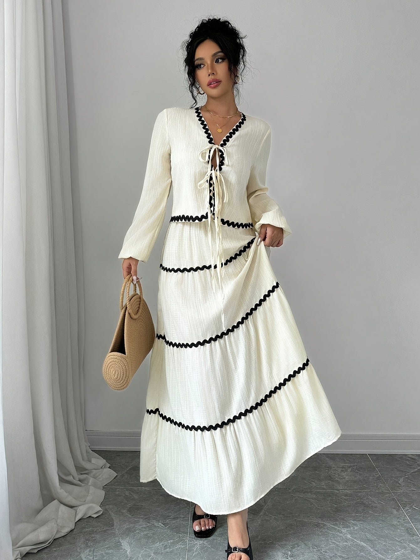 Women's Elegant French Style Lantern Sleeve Ruffle Hem Bow Dress and Skirt Set