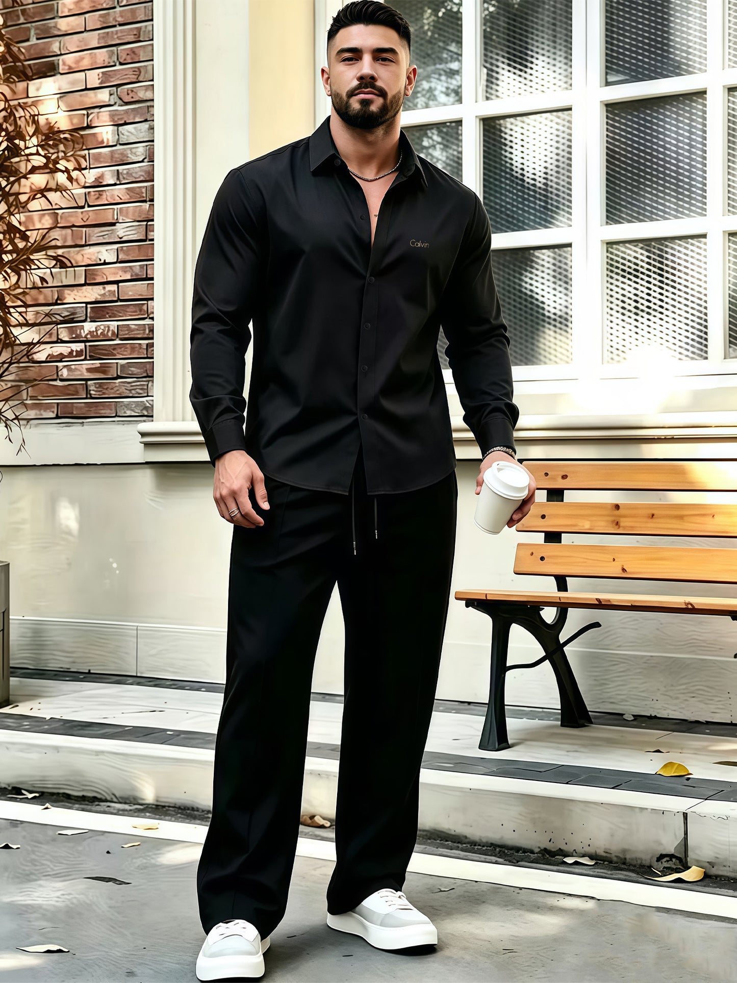 Men's Business Casual Shirt and Trousers Set - Polyester, All Season
