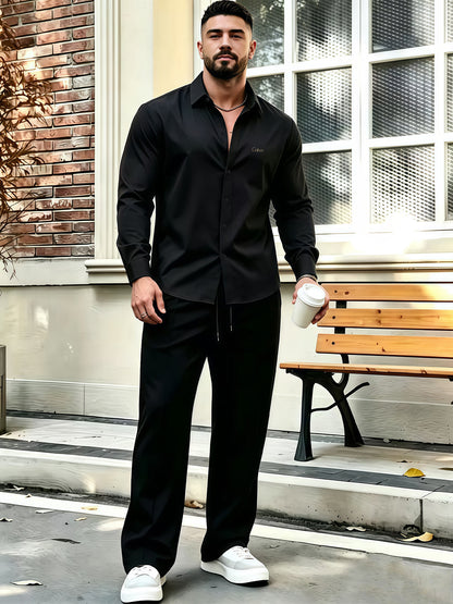 Men's Business Casual Shirt and Trousers Set - Polyester, All Season