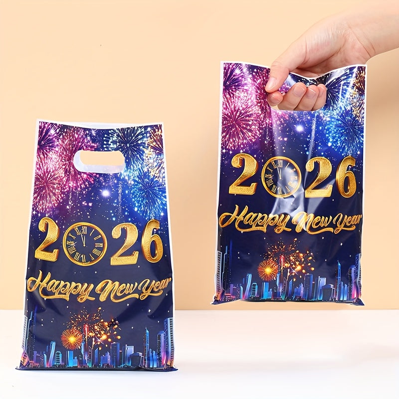 10/25/50pcs FengRise 2026 Happy New Year Fireworks Countdown Clocks Gift Bags - Vibrant Fireworks & Cityscape Design, Durable Plastic Party Favor Bags for New Year'S Eve, Birthday, Wedding Decorations, New Year Gifts, Festive