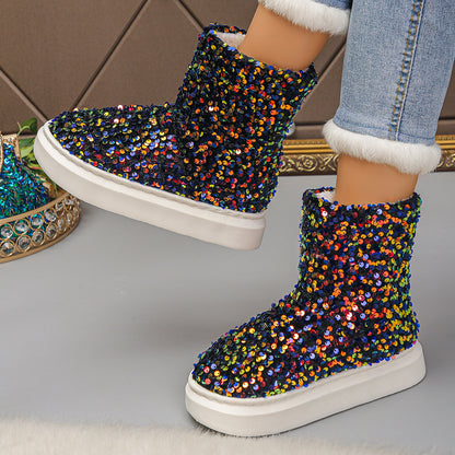 Women'S Sparkling Sequin Snow Boots - Cozy Fleece-Lined Slip-On Ankle Boots with Thick Rubber Sole, Lightweight & Warm for Winter, Blue & White Glittery Design, Perfect for Casual or Festive Outfits, Winter Boots
