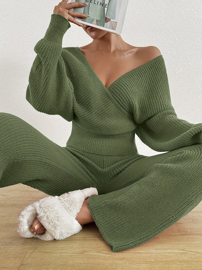 Women's Autumn Winter Sweater V-Neck Sleeveless Pullover with Wide-Leg Pants Elegant Two-Piece Set