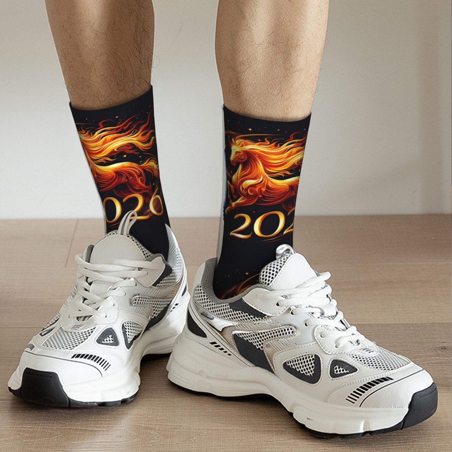 1pc Designed Socks sporty styles 2026 Year of the Horse Creative mid-calf socks geometric designs 3D digital print socks, cute socks for teens and adults ideal for daily wear, perfect for gift giving!