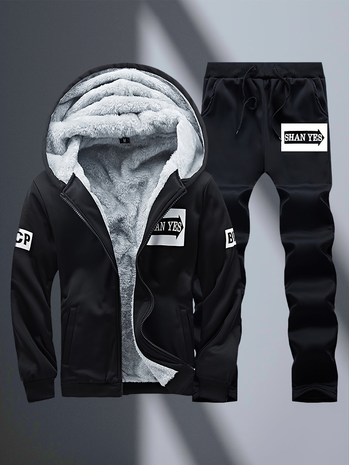 2pcs Men's -Lined Sportswear Set, Thickened Men's Casual Sportswear Set, Men's Sportswear Top and Bottom Set, Hooded Sweatshirt and Casual Sport Pants, -Lined and Thickened, Warm and Cold-Resistant, Suitable for Autumn and Wi