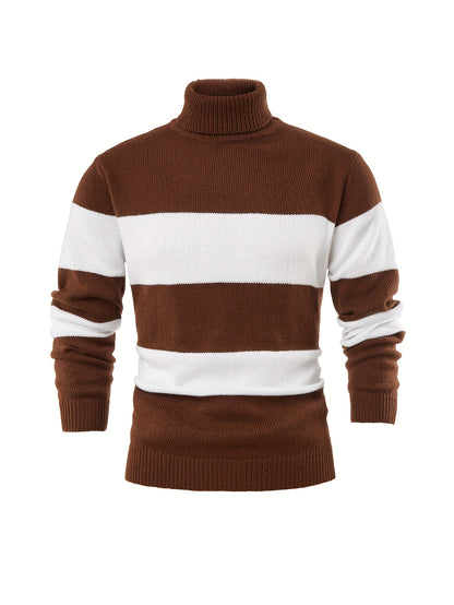 Men'S High-Neck Striped Knit Sweater, Stylish Color-Blocked Pullover for Spring And Autumn - ayq