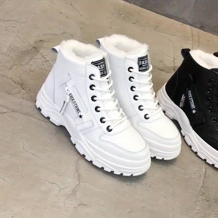 Women'S Chunky Platform Ankle Boots - Winter Warm Lace-Up Shoes with Thick Platform Heel, Slip-Resistant Rubber Sole - Synthetic Cover Upper - for Everyday, Formal, Cold Weather - Black/White/Khaki - Easy-Clean & Durable Desi