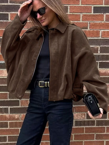 Women'S Vintage Bomber Jacket - Loose Fit Long Sleeve Zip-Up with Drop Shoulder Design, Brown Casual Outerwear for Fall/Winter, Non-Stretch Fabric, Perfect for Casual Attire, Autumn Winter Jacket | Vintage Bomber Style | Zipp