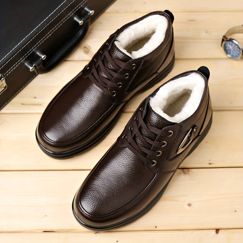 Men's Genuine Leather Winter Snow Boots - Short Ankle Boots with Rubber Sole, Lace-Up Cold-Weather Footwear for Ice & Snow, Heavy-Duty Traction (Wide Fit Available) - Ideal for Skiing, & Outdoor Activities (No