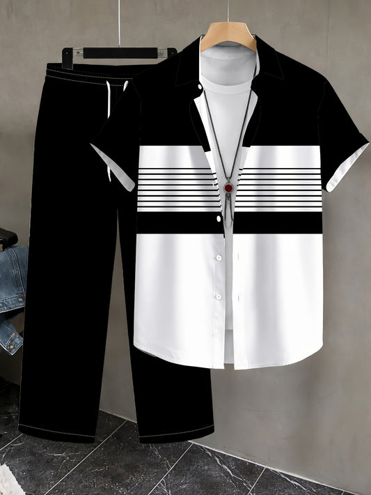 Men's Casual Color-Block Shirt and Pants Set for Summer