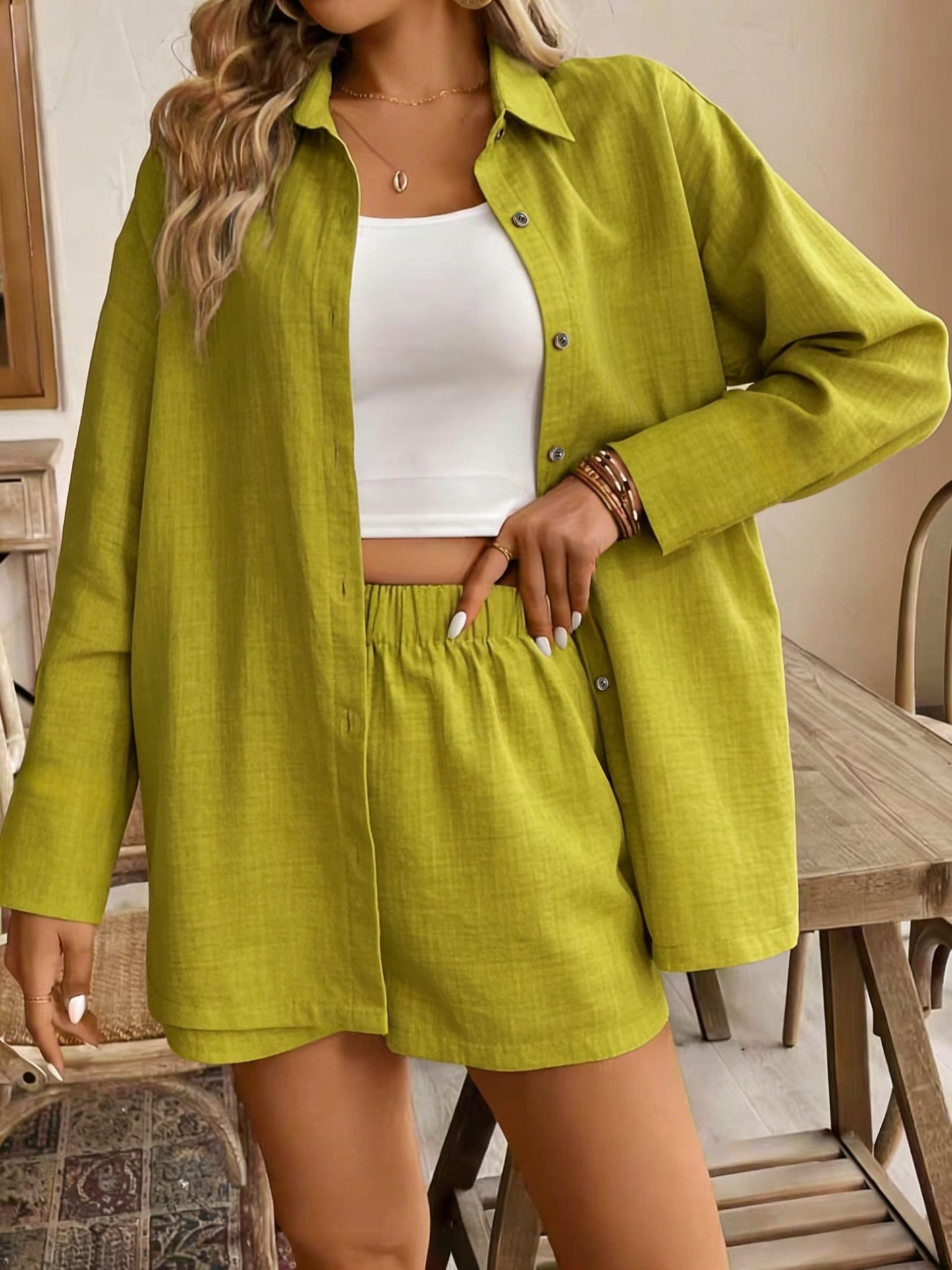 Women's Casual Loose Fit Shirt & Shorts Set, Polyester