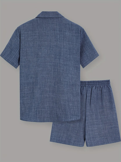 Men's Summer Casual Solid Color Shirt and Shorts Set