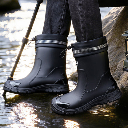 Unisex Mid-Calf Rubber Rain Boots with Drawstring Closure