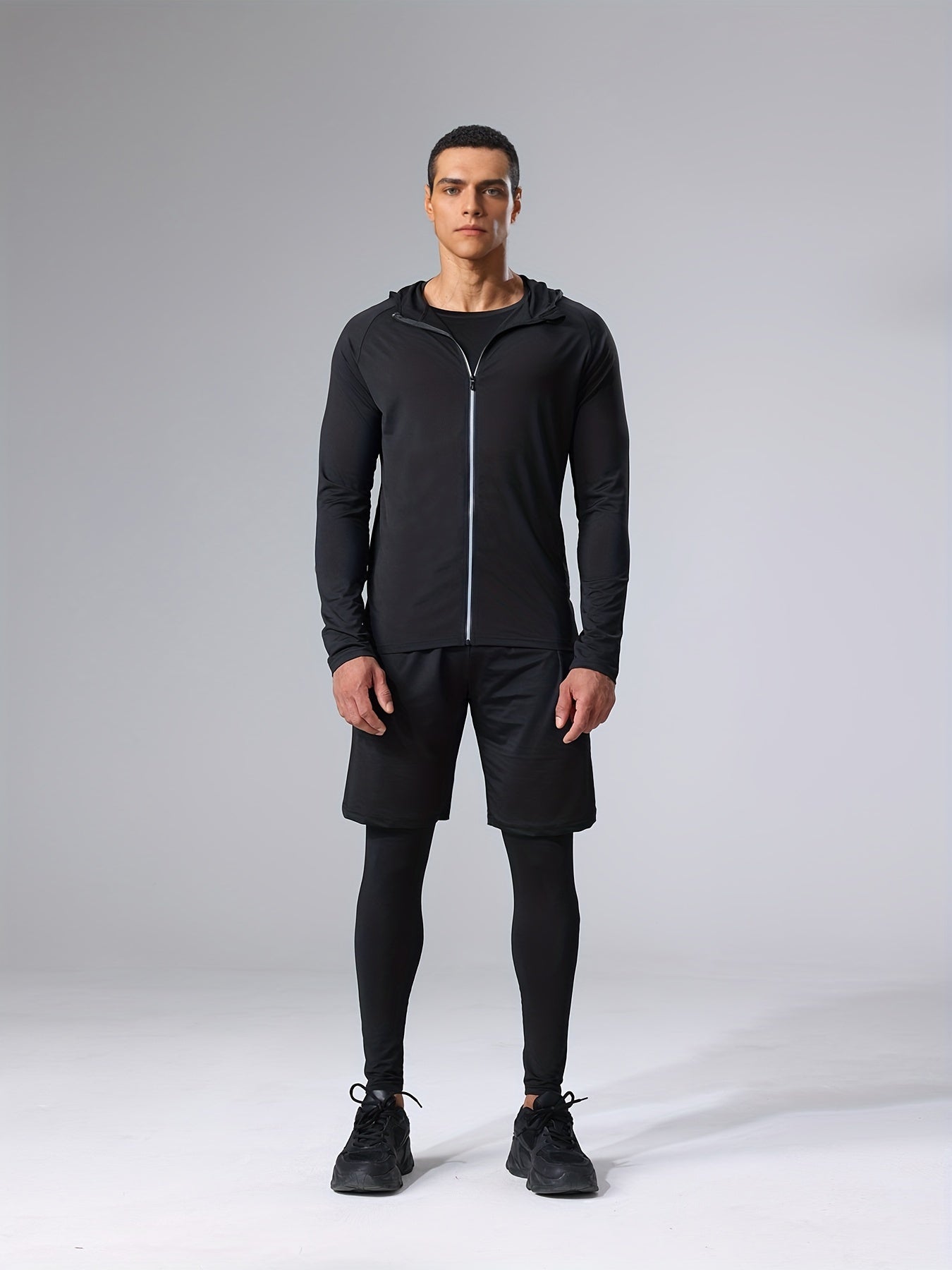 4pcs Athletic Sportswear Set, Polyester 95% Elastane 5% Knit Fabric, All-Season Crew Neck Hoodie, Skinny Fit Solid Color, Breathable Quick-Dry for Running, Fitness, Cycling & Outdoor Activities