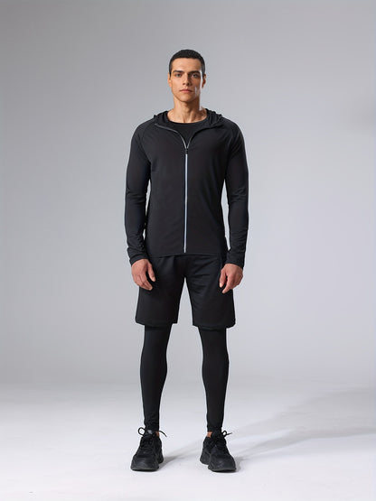 4pcs Athletic Sportswear Set, Polyester 95% Elastane 5% Knit Fabric, All-Season Crew Neck Hoodie, Skinny Fit Solid Color, Breathable Quick-Dry for Running, Fitness, Cycling & Outdoor Activities