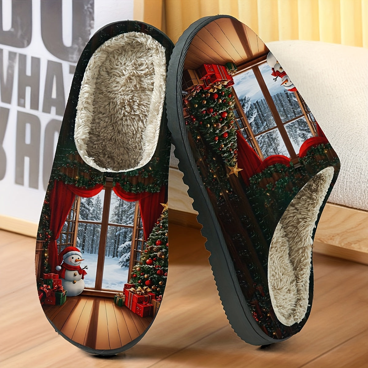 Cozy Plush Slippers for Men & Women - Festive Christmas & Halloween Design with Santa, Snowy Scene, and Red Ribbon Accents | Soft Fabric Upper & TPR Sole | Perfect Holiday Gift for Fall/Winter, Christmas Slippers
