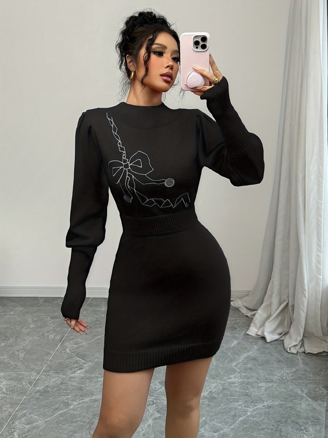 Women's Elegant Slim-Fit Sweater Dress with Bow Design, Fashionable and Versatile, Suitable for Autumn and Winter, Christmas Gift
