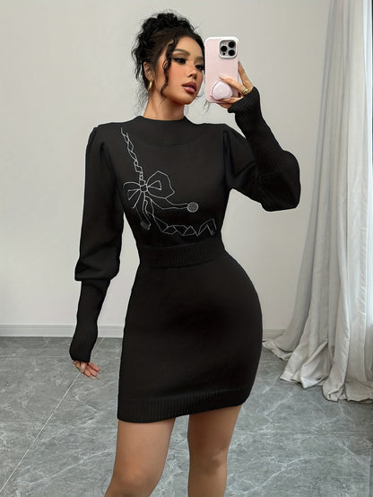 Women's Elegant Slim-Fit Sweater Dress with Bow Design, Fashionable and Versatile, Suitable for Autumn and Winter, Christmas Gift